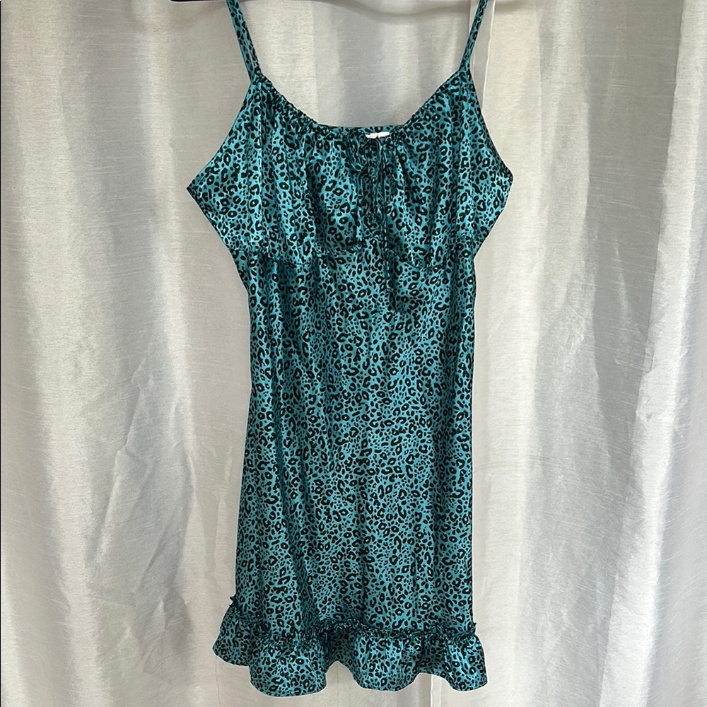 La Vie En Rose Teal Leopard Print Slip Dress